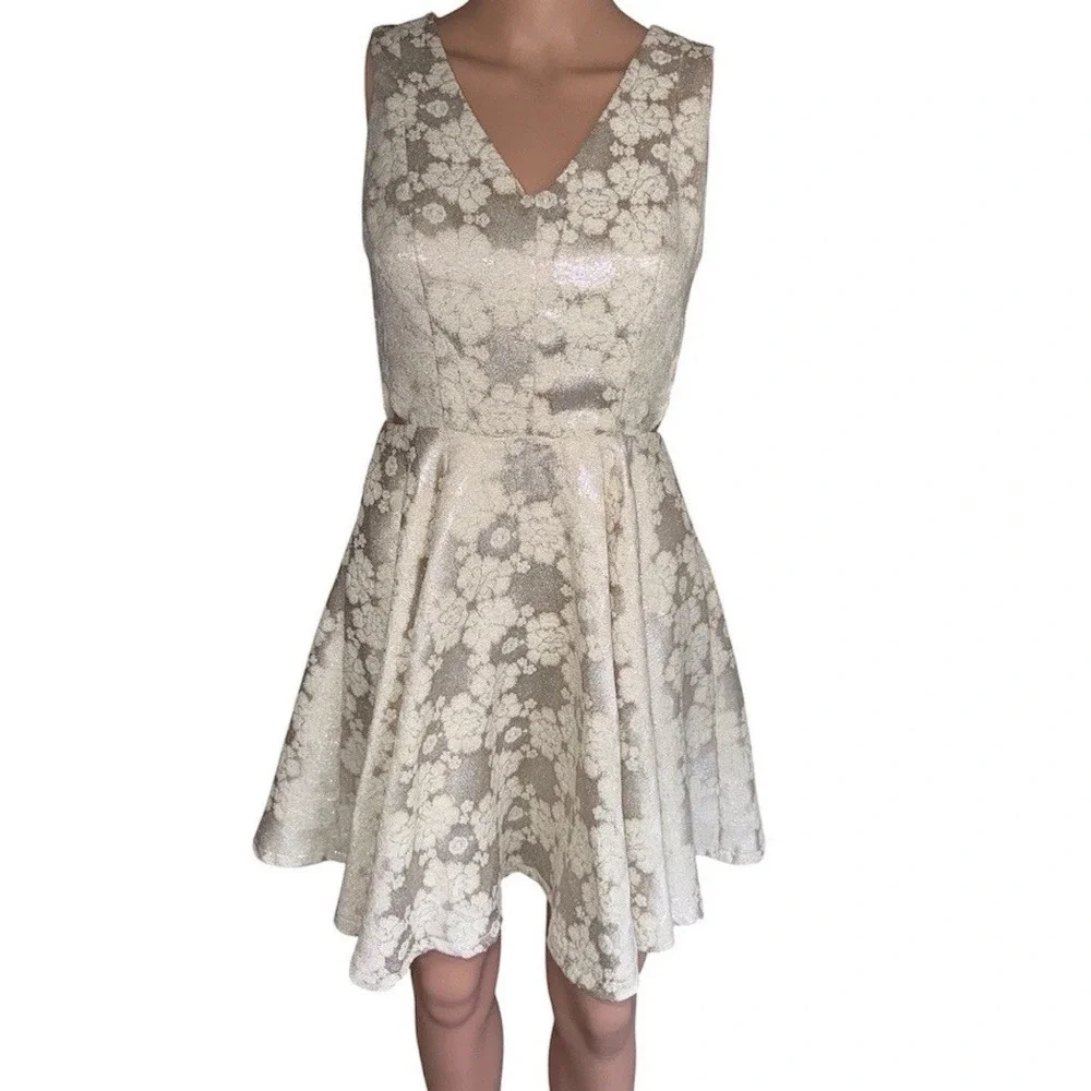 Blue‎ Rain Ivory Gold Metallic Jacquard Side Cutout Fit Flare Dress XS